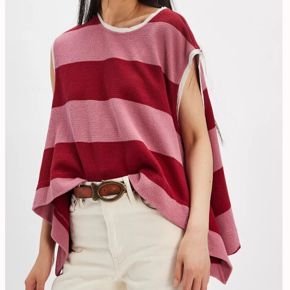 Free People Pink and Wine Striped Knit Poncho Sweater